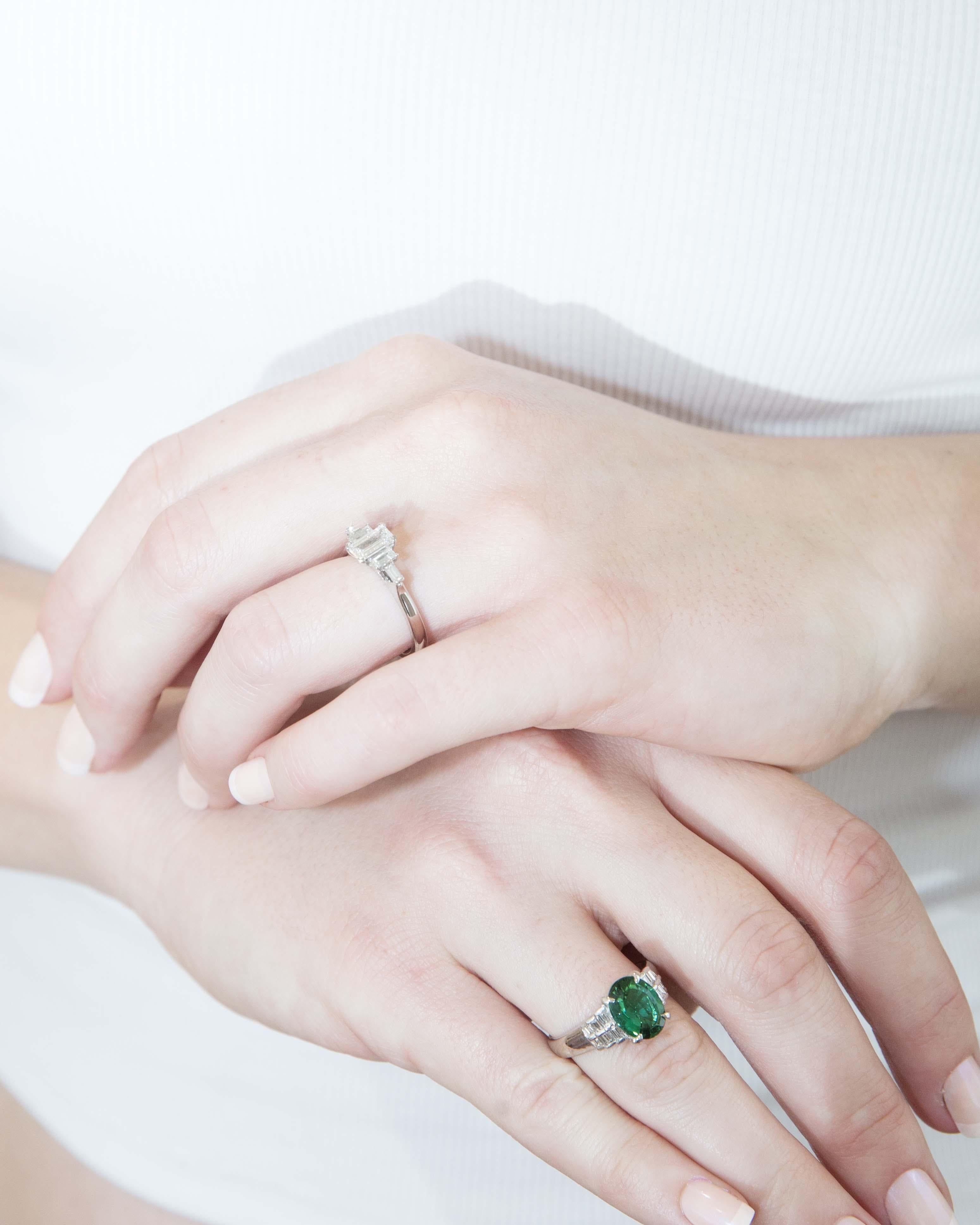 Contemporary Emerald & Baguette Diamond Ring 18 Carat White Gold