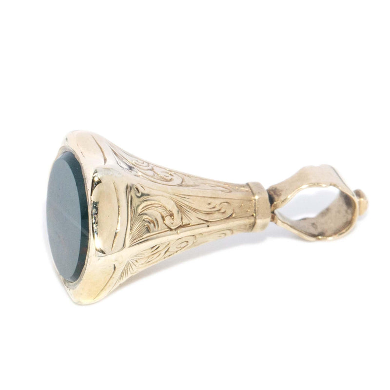 Antique 1920s Bloodstone Pendant Seal 9 Carat Yellow Gold