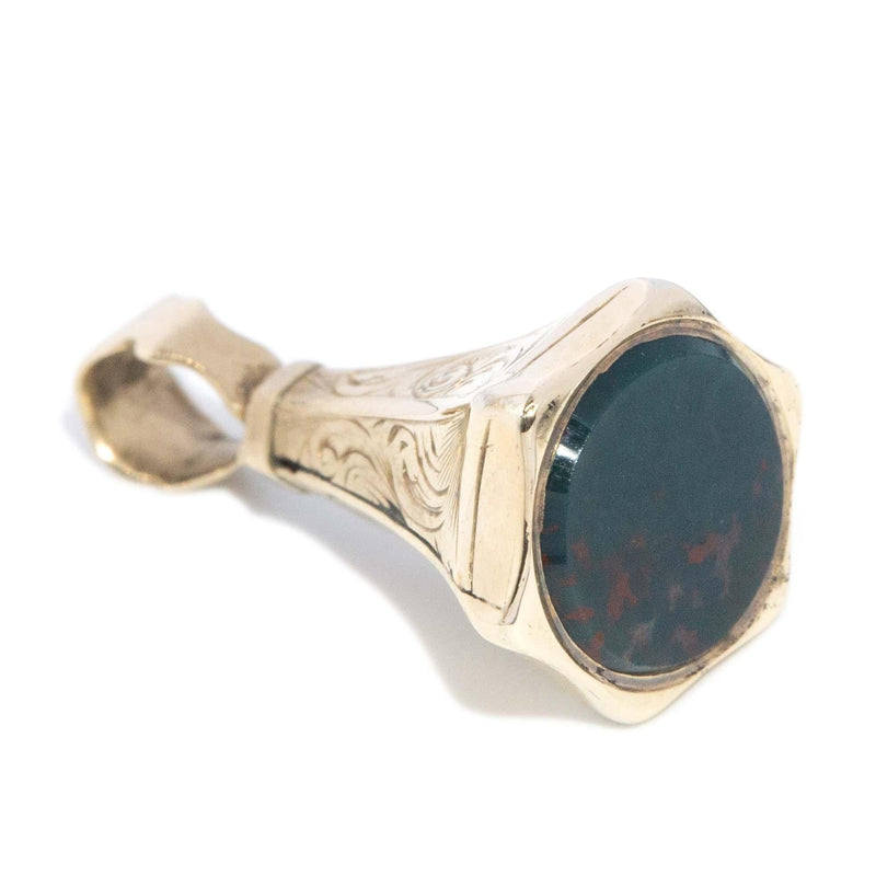 Antique 1920s Bloodstone Pendant Seal 9 Carat Yellow Gold
