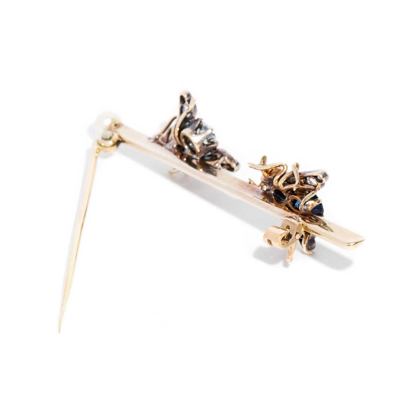 Antique Circa 1900s Diamond Sapphire Pearl Brooch 14 Carat Yellow Gold