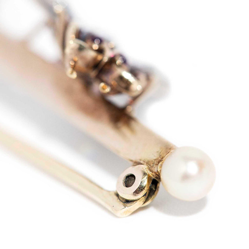 Antique Circa 1900s Diamond Sapphire Pearl Brooch 14 Carat Yellow Gold