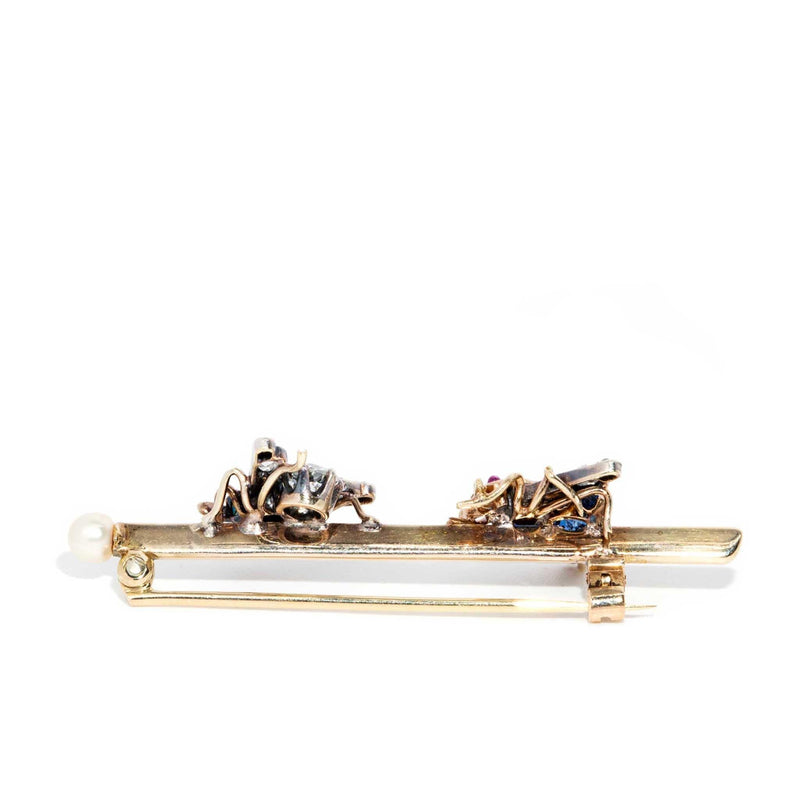 Antique Circa 1900s Diamond Sapphire Pearl Brooch 14 Carat Yellow Gold