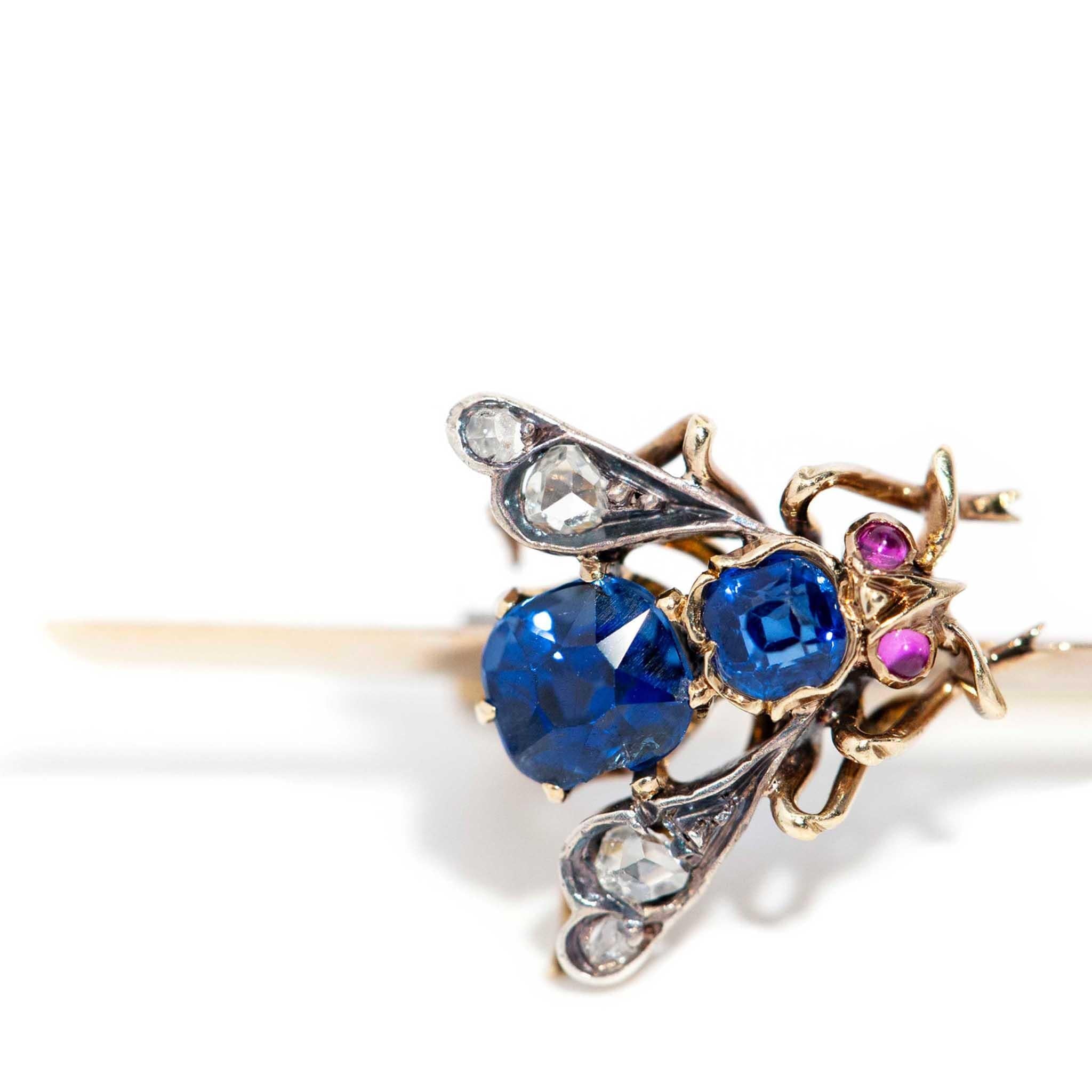 Antique Circa 1900s Diamond Sapphire Pearl Brooch 14 Carat Yellow Gold