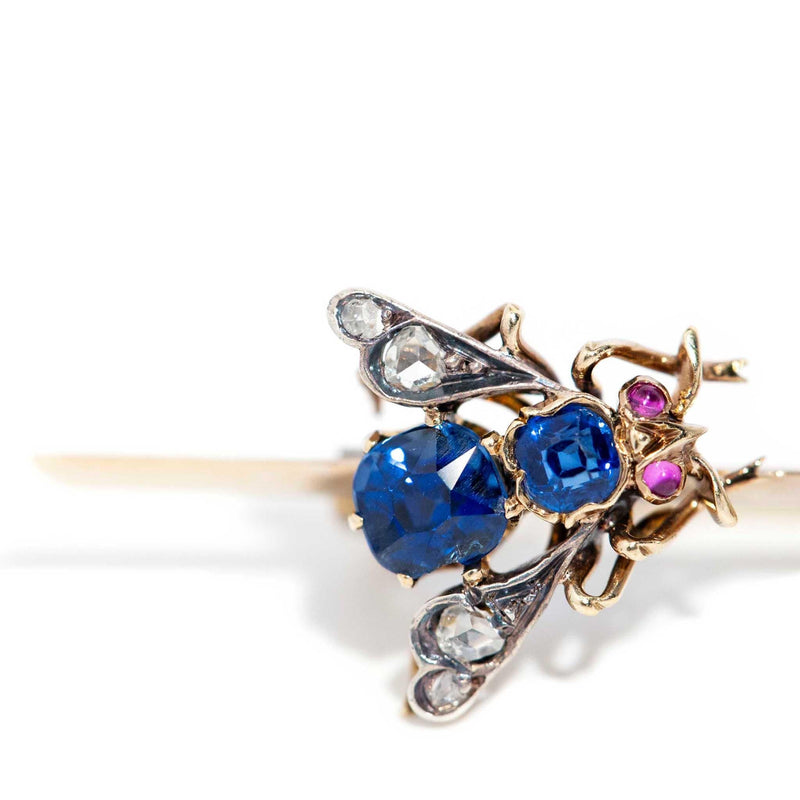 Antique Circa 1900s Diamond Sapphire Pearl Brooch 14 Carat Yellow Gold