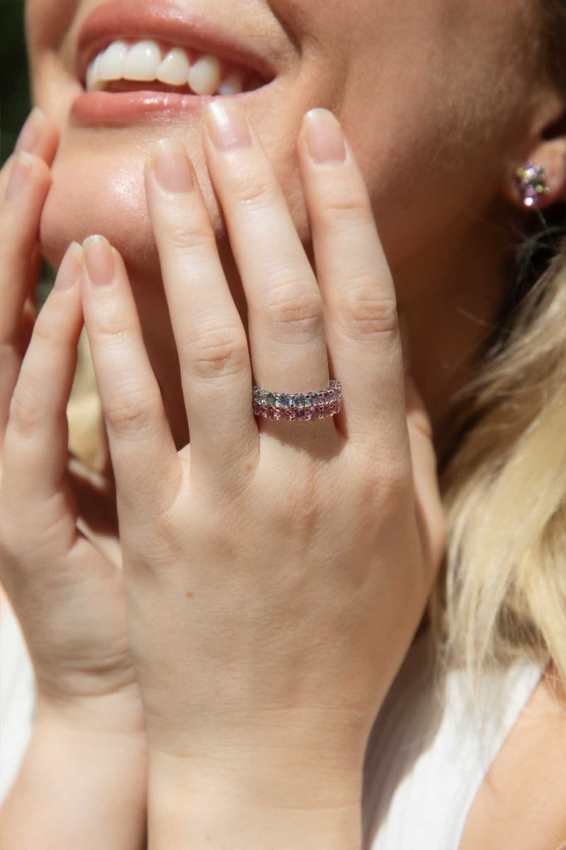 "Elegant 'Before The Stars' 18ct Gold Ring with Ceylon Sapphire Ombre, perfect for luxury jewelry lovers."