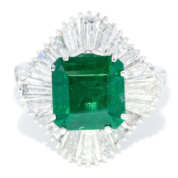 Reinvented 1950s Emerald & Diamond Ballerina Ring 18 Carat White Gold