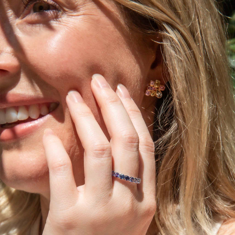 Exquisite "Belle Blue" 18ct white gold ring featuring a stunning Ceylon sapphire ombre design, perfect for elegant jewelry lovers.