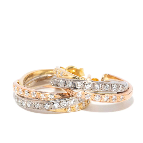 Beverley 1990s Diamond Crossover Earrings 18ct Three Tone Gold Earrings Imperial Jewellery 