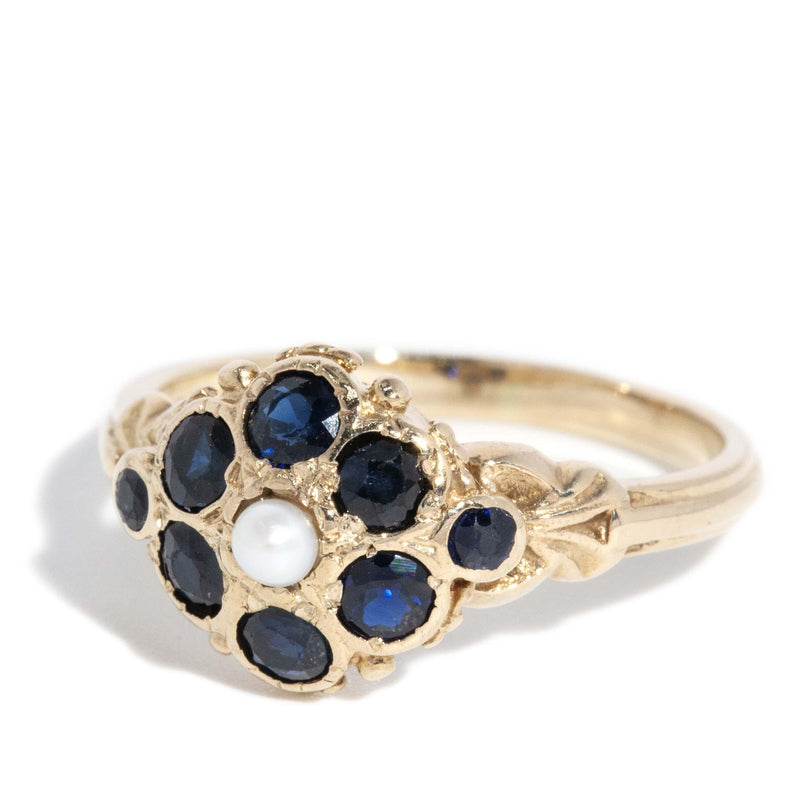 Vintage 1984 Sapphire & Pearl Ring 9 Carat Yellow Gold (OB)