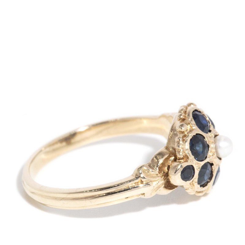 Vintage 1984 Sapphire & Pearl Ring 9 Carat Yellow Gold (OB)
