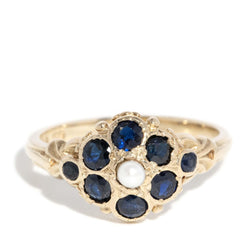 Vintage 1984 Sapphire & Pearl Ring 9 Carat Yellow Gold (OB)