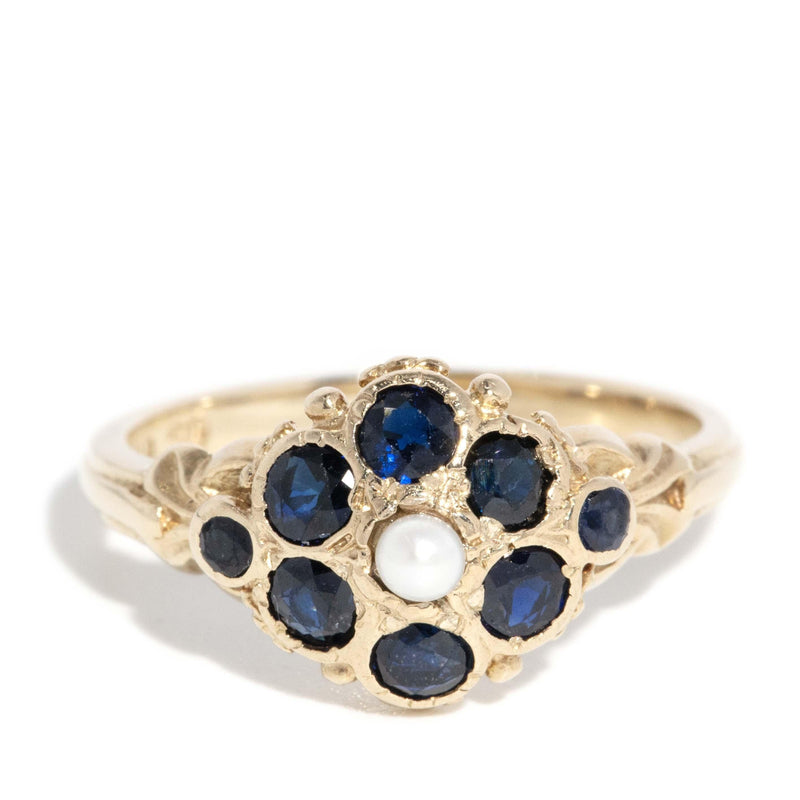 Vintage 1984 Sapphire & Pearl Ring 9 Carat Yellow Gold (OB)