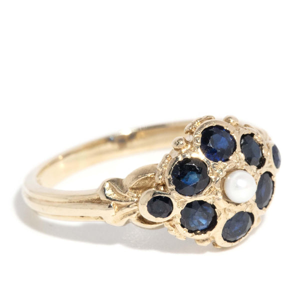 Vintage 1984 Sapphire & Pearl Ring 9 Carat Yellow Gold (OB)