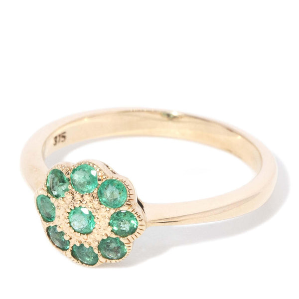 Vintage Circa 1990s Emerald Flower Cluster Ring 9 Carat Gold (OB)