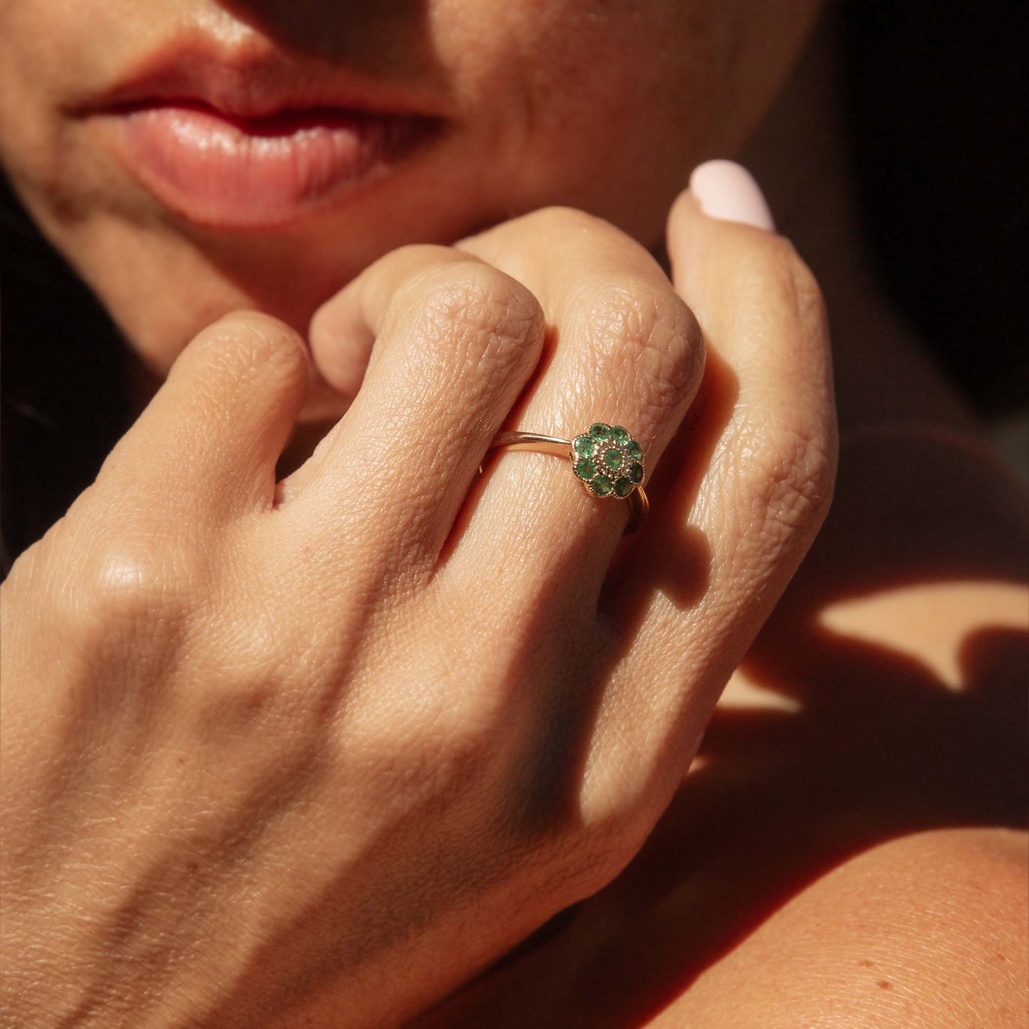 Blanch 1990s Emerald Flower Cluster Ring 9ct Gold Rings Imperial Jewellery 