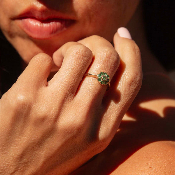 Blanch 1990s Emerald Flower Cluster Ring 9ct Gold Rings Imperial Jewellery 