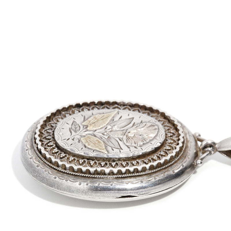 Antique Victorian Era Sterling Silver Book Chain & Floral Keepsake Locket