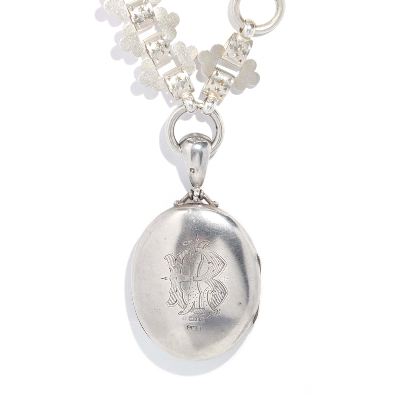 Antique Victorian Era Sterling Silver Book Chain & Floral Keepsake Locket