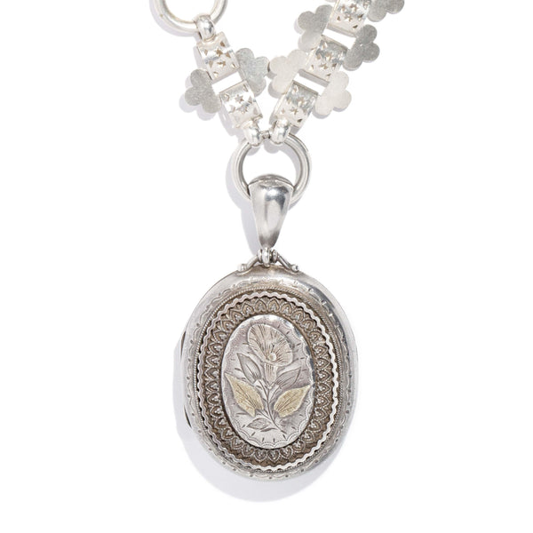 Antique Victorian Era Sterling Silver Book Chain & Floral Keepsake Locket