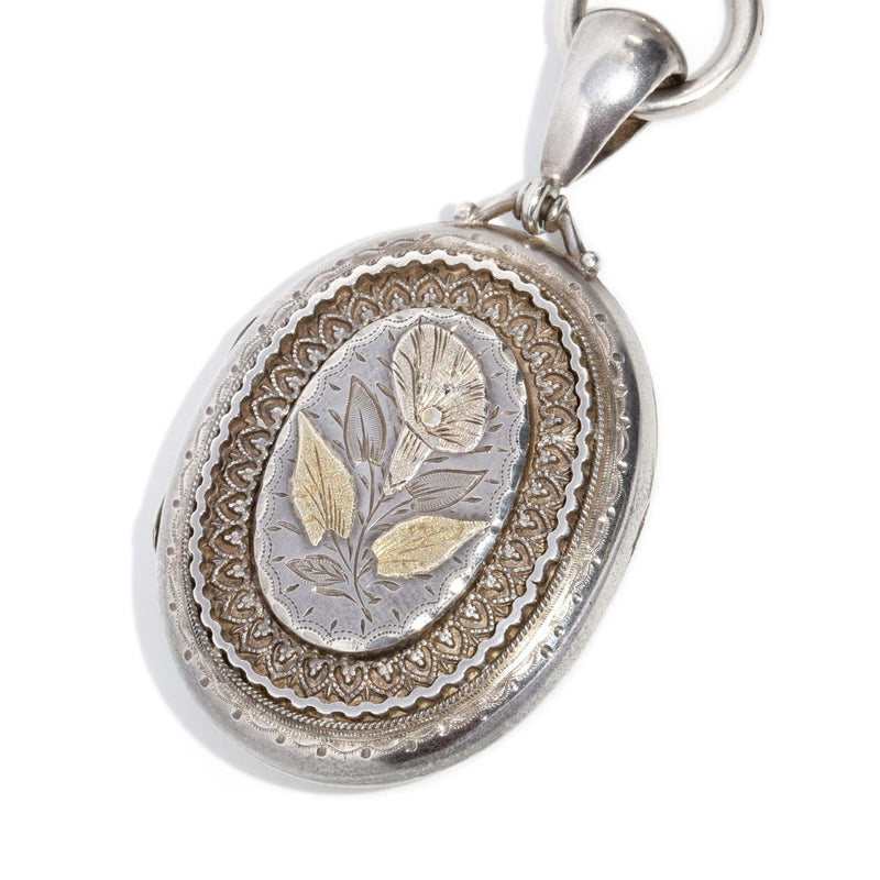 Antique Victorian Era Sterling Silver Book Chain & Floral Keepsake Locket