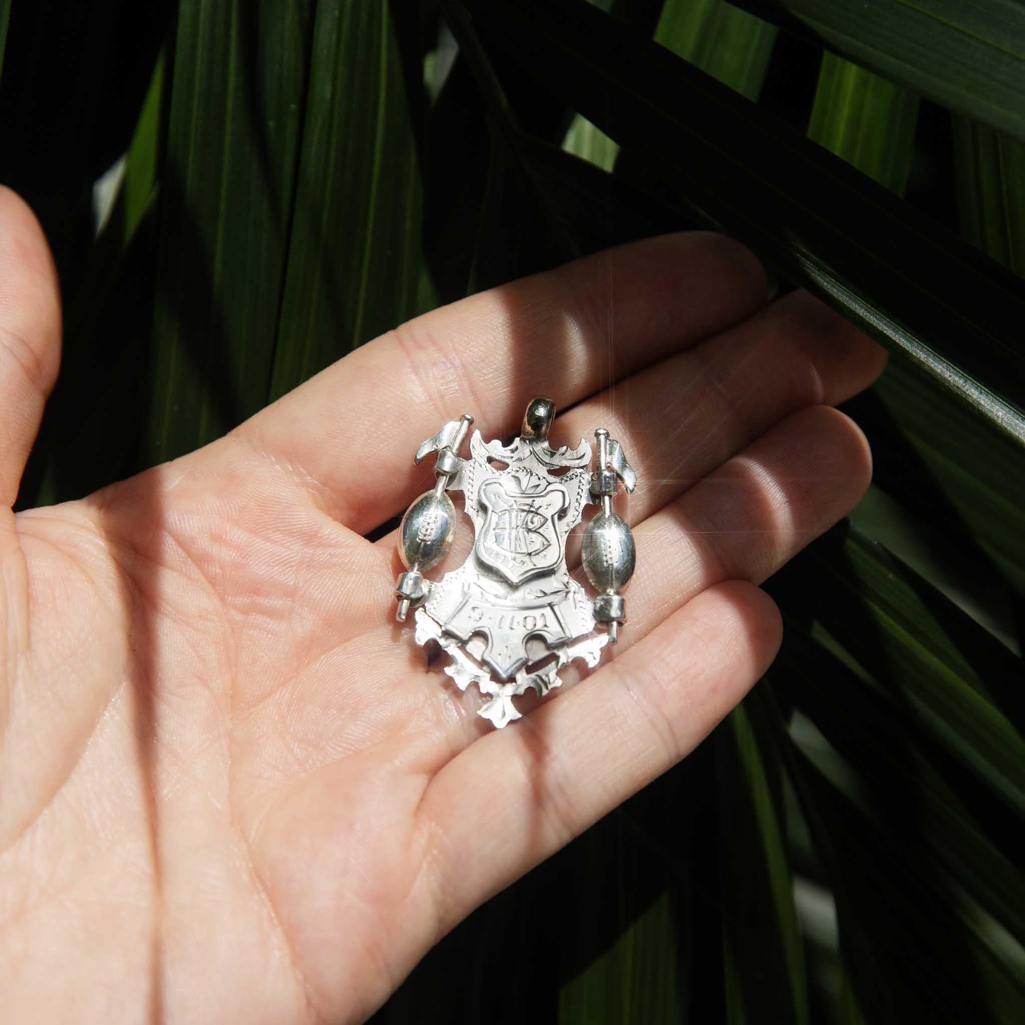 Antique Victorian Ear 1898 Coat of Arms Award Pendant Sterling Silver