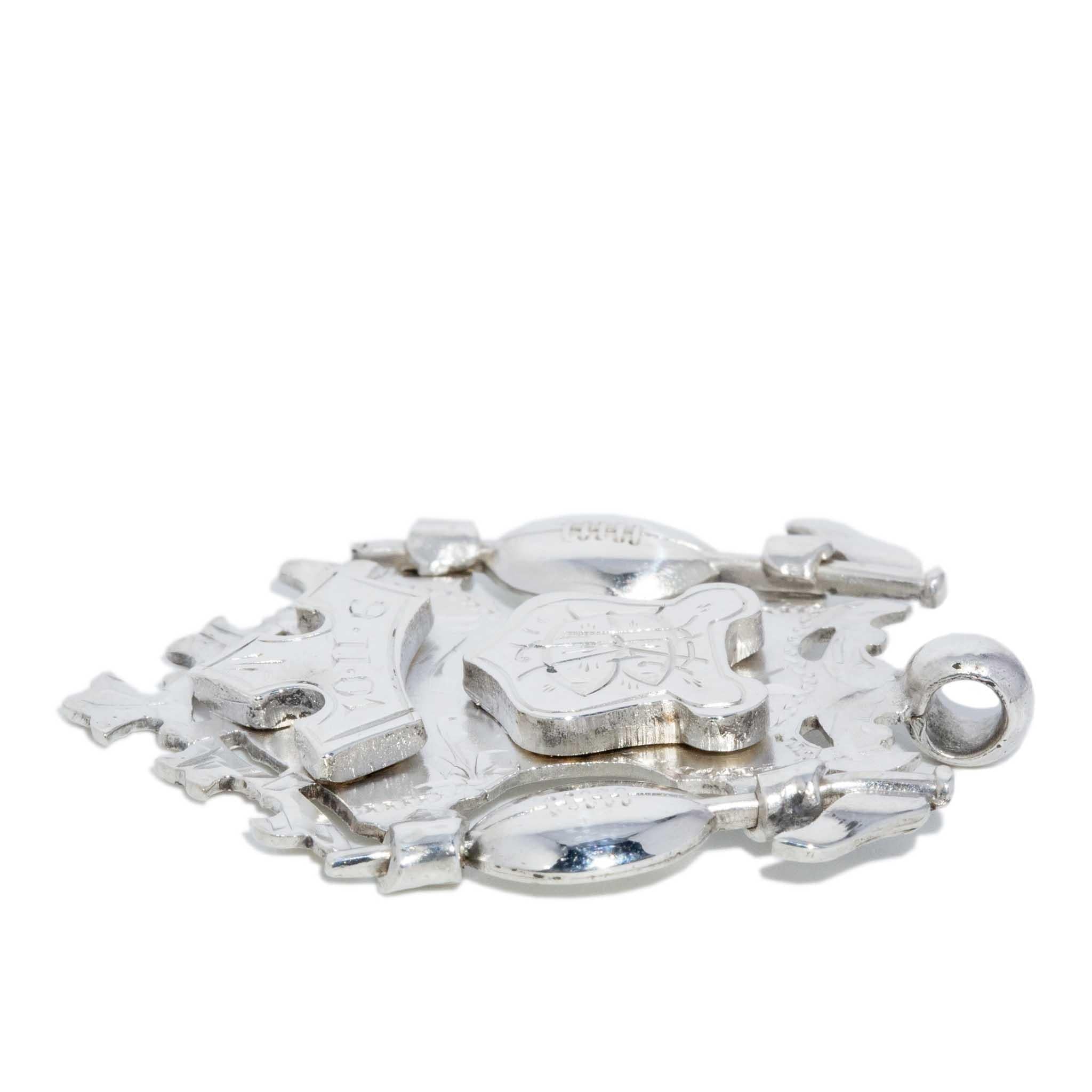 Antique Victorian Ear 1898 Coat of Arms Award Pendant Sterling Silver