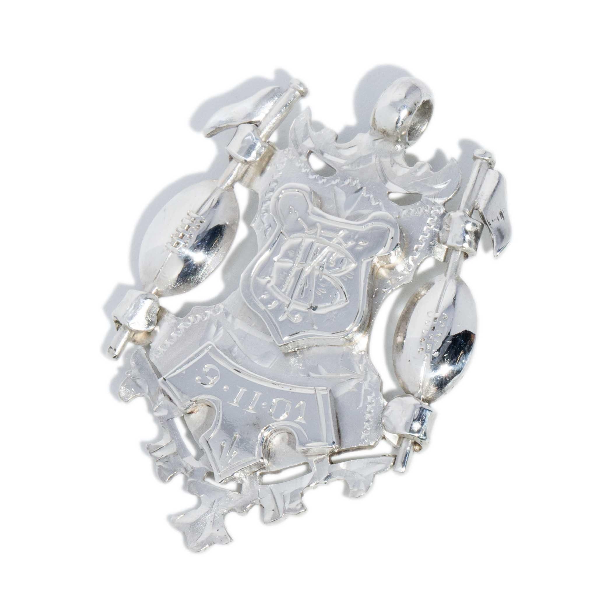 Antique Victorian Ear 1898 Coat of Arms Award Pendant Sterling Silver