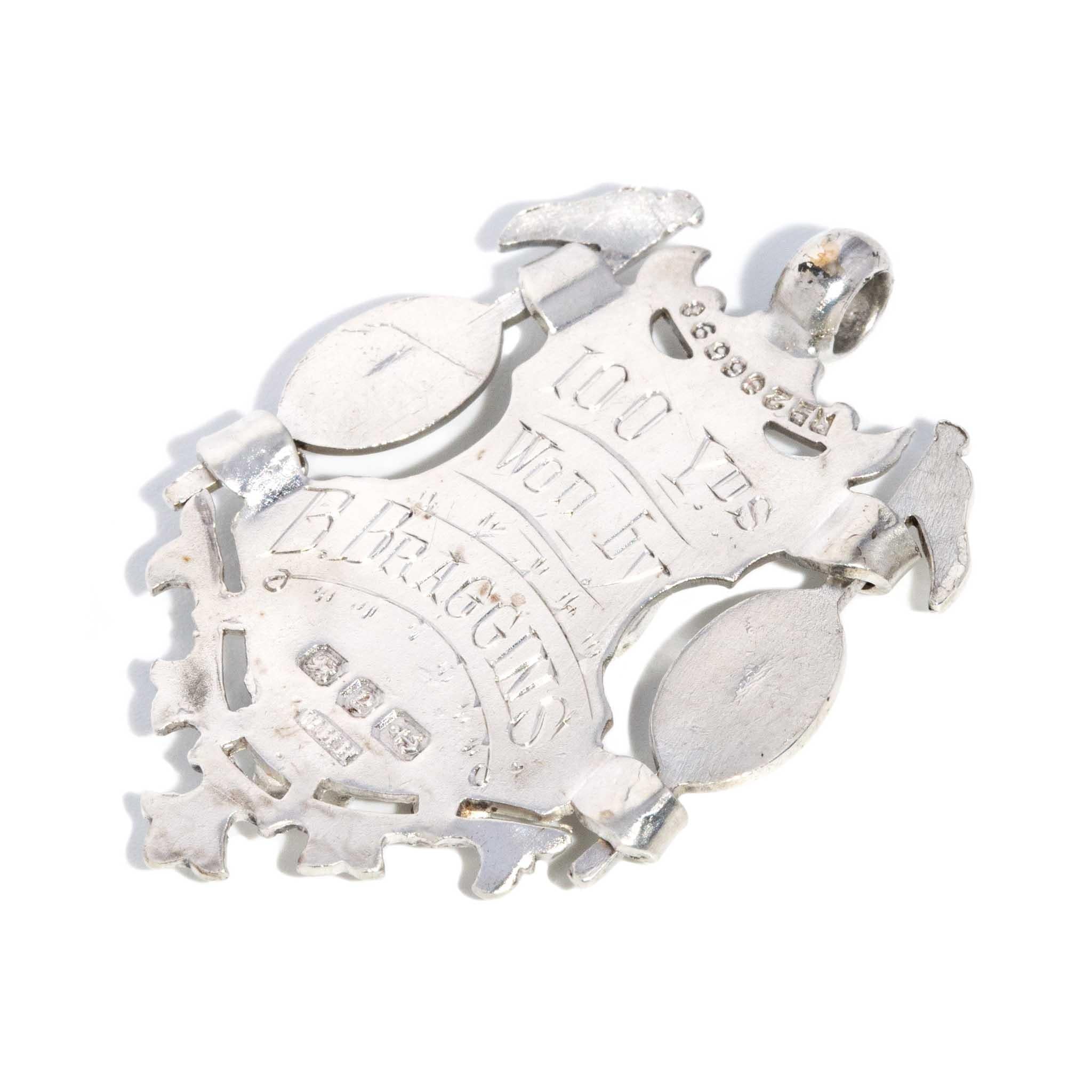 Antique Victorian Ear 1898 Coat of Arms Award Pendant Sterling Silver