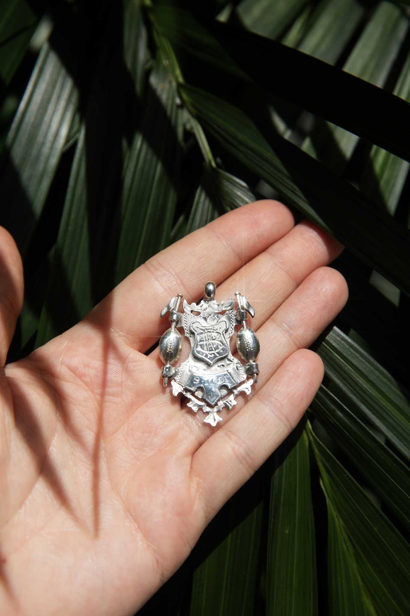 Antique Victorian Ear 1898 Coat of Arms Award Pendant Sterling Silver