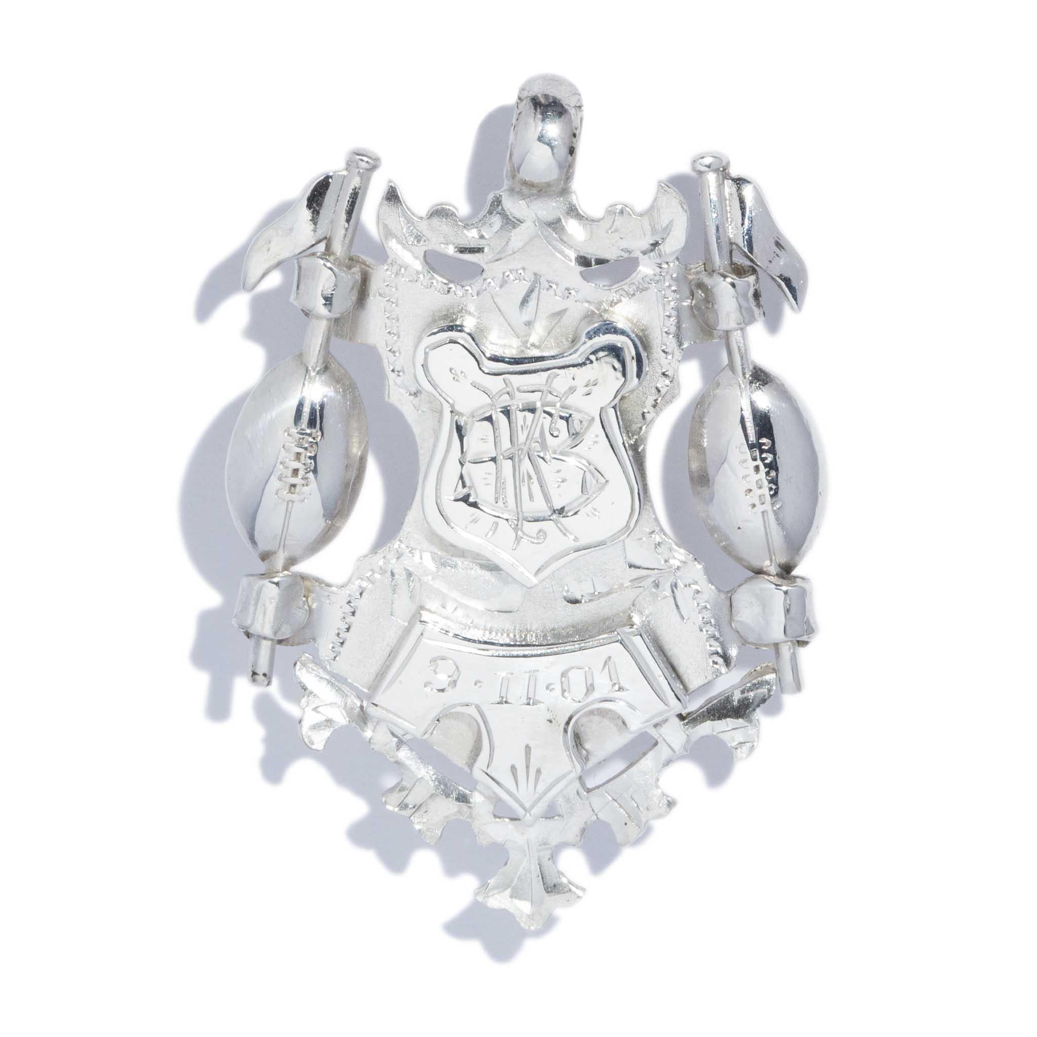 Antique Victorian Ear 1898 Coat of Arms Award Pendant Sterling Silver