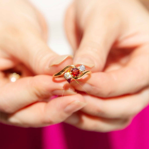 Brielle 1930s Garnet & Old Cut Diamond Ring 15ct Gold Rings Imperial Jewellery 