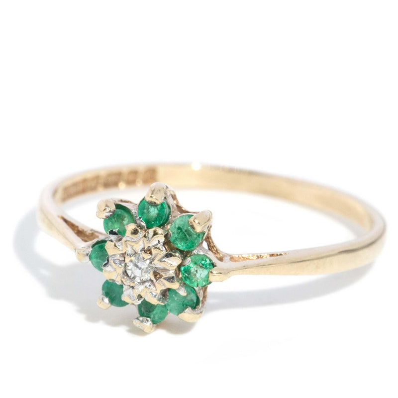 Vintage 1978 Emerald & Diamond Dainty Cluster Ring 9 Carat Gold