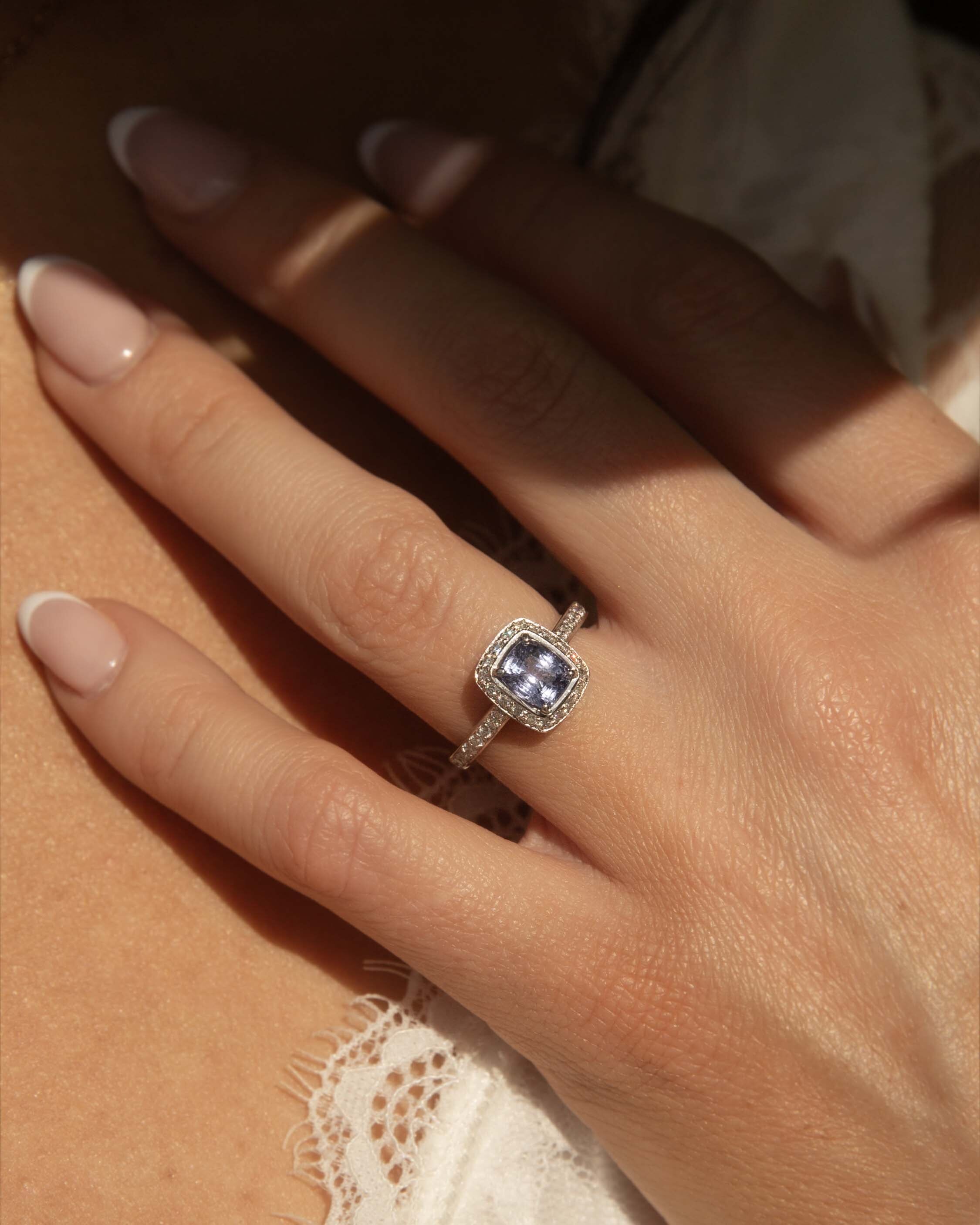 Briony Sapphire & Diamond Halo Ring 18ct White Gold Rings Imperial Jewellery 