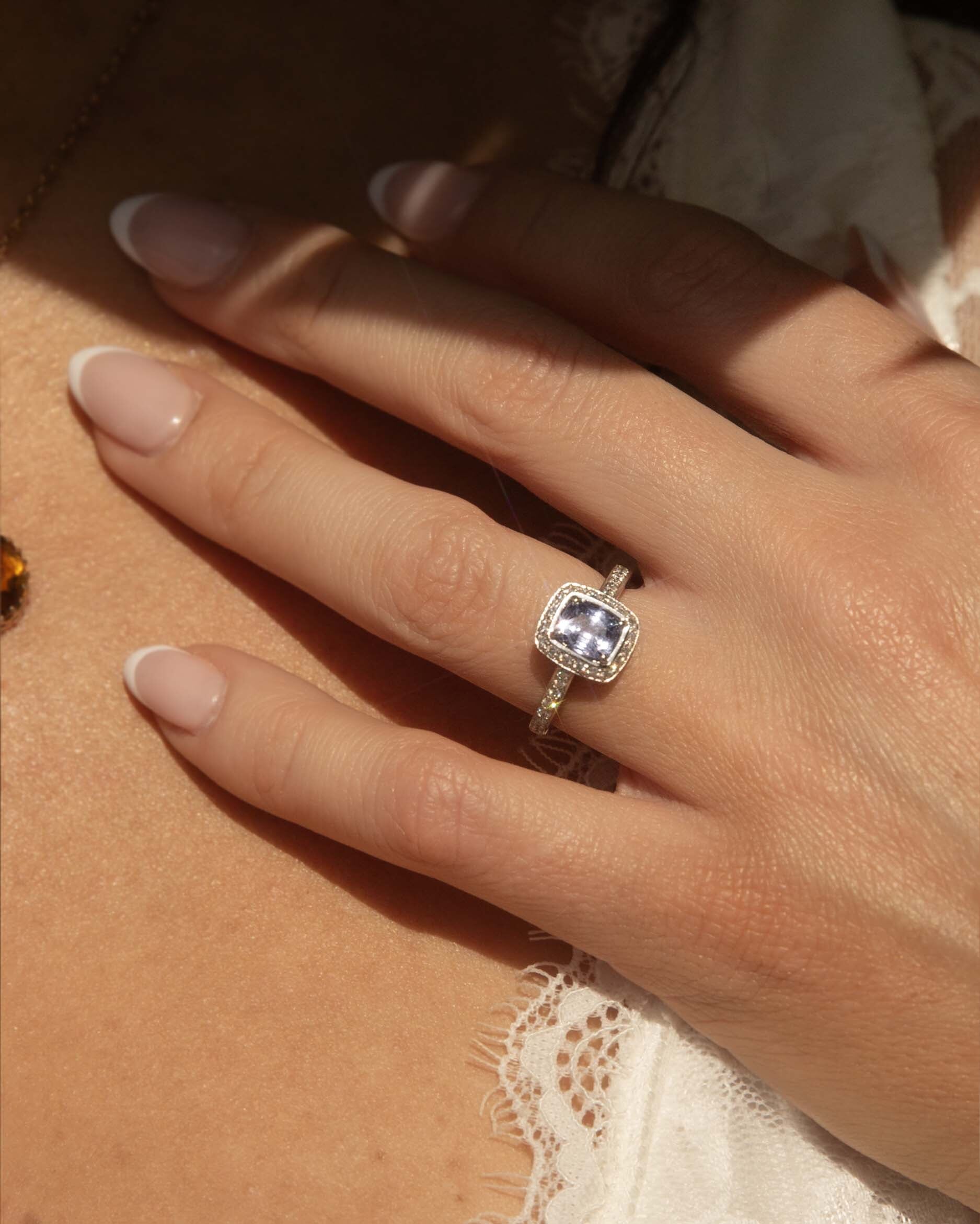 Briony Sapphire & Diamond Halo Ring 18ct White Gold Rings Imperial Jewellery 