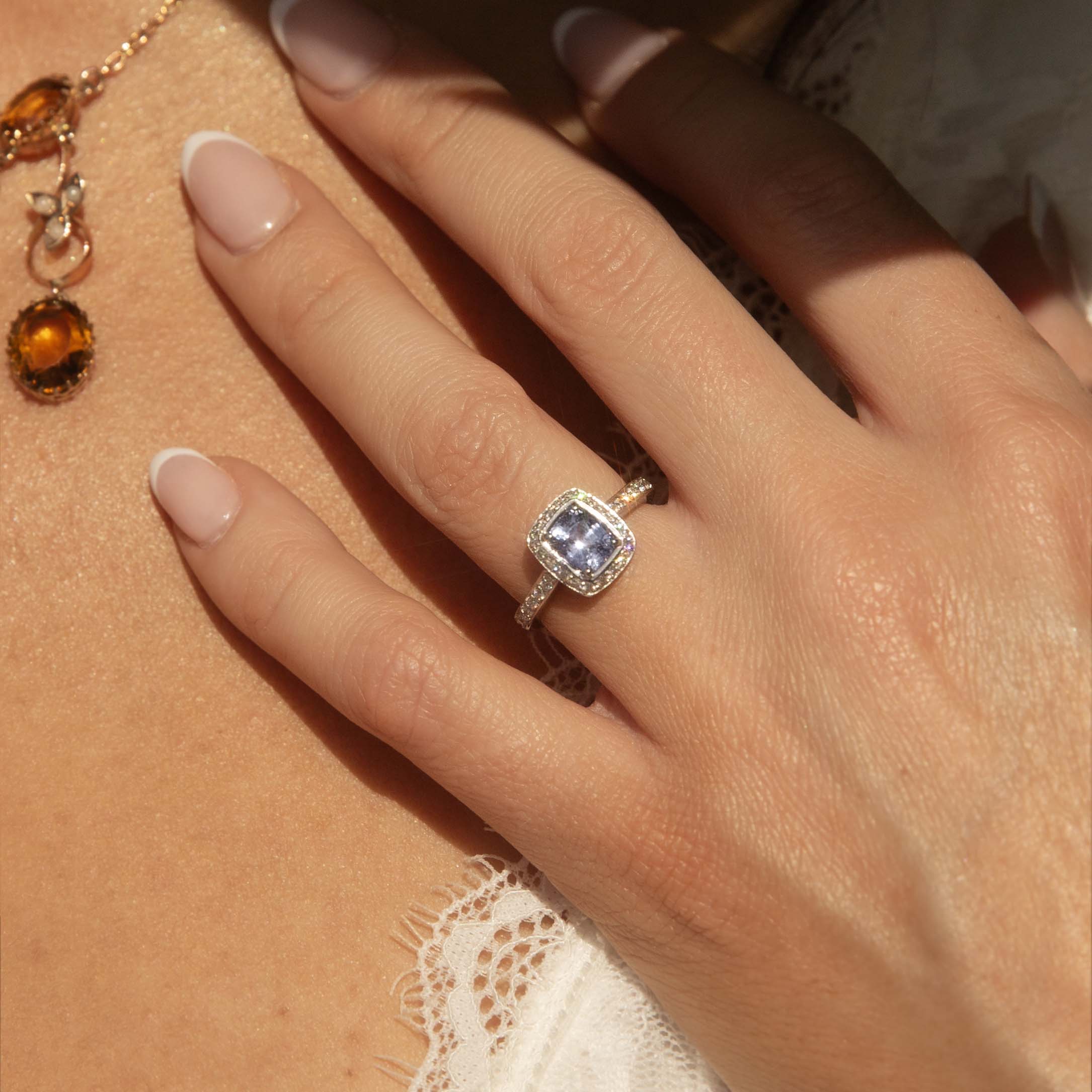 Briony Sapphire & Diamond Halo Ring 18ct White Gold Rings Imperial Jewellery 