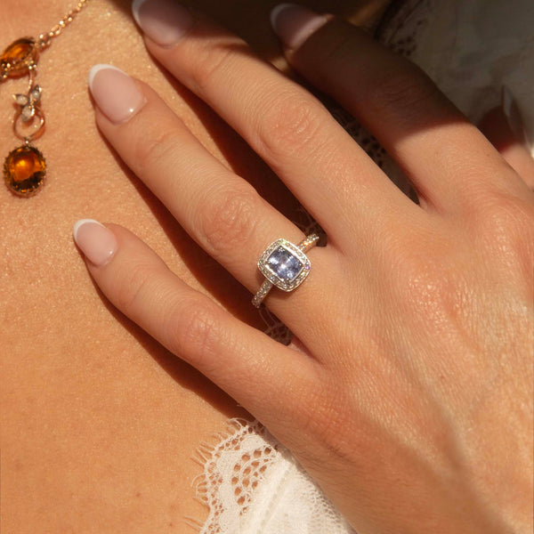 Briony Sapphire & Diamond Halo Ring 18ct White Gold Rings Imperial Jewellery 