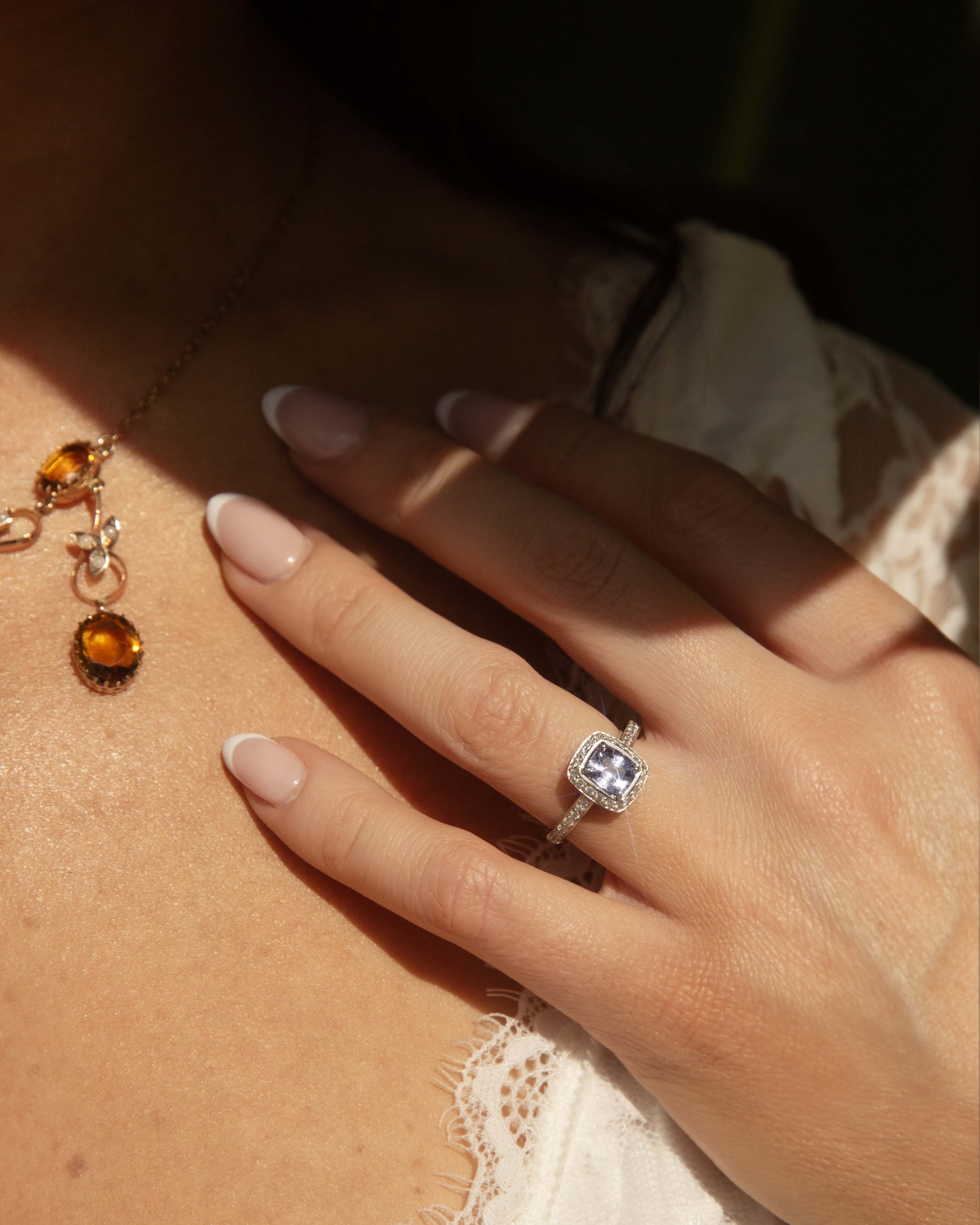 Briony Sapphire & Diamond Halo Ring 18ct White Gold Rings Imperial Jewellery 