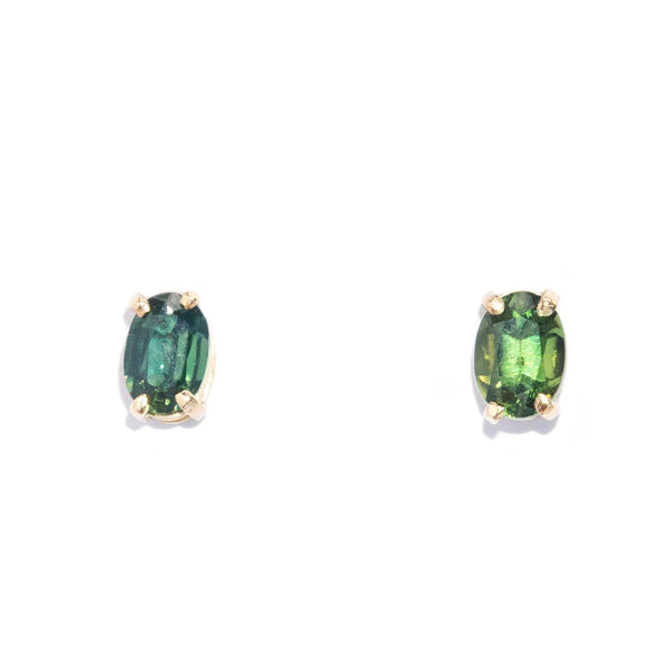 Caelum Vintage Circa 1980s Oval Green Sapphire Stud Earrings 9ct Yellow Gold Earrings Imperial Jewellery 