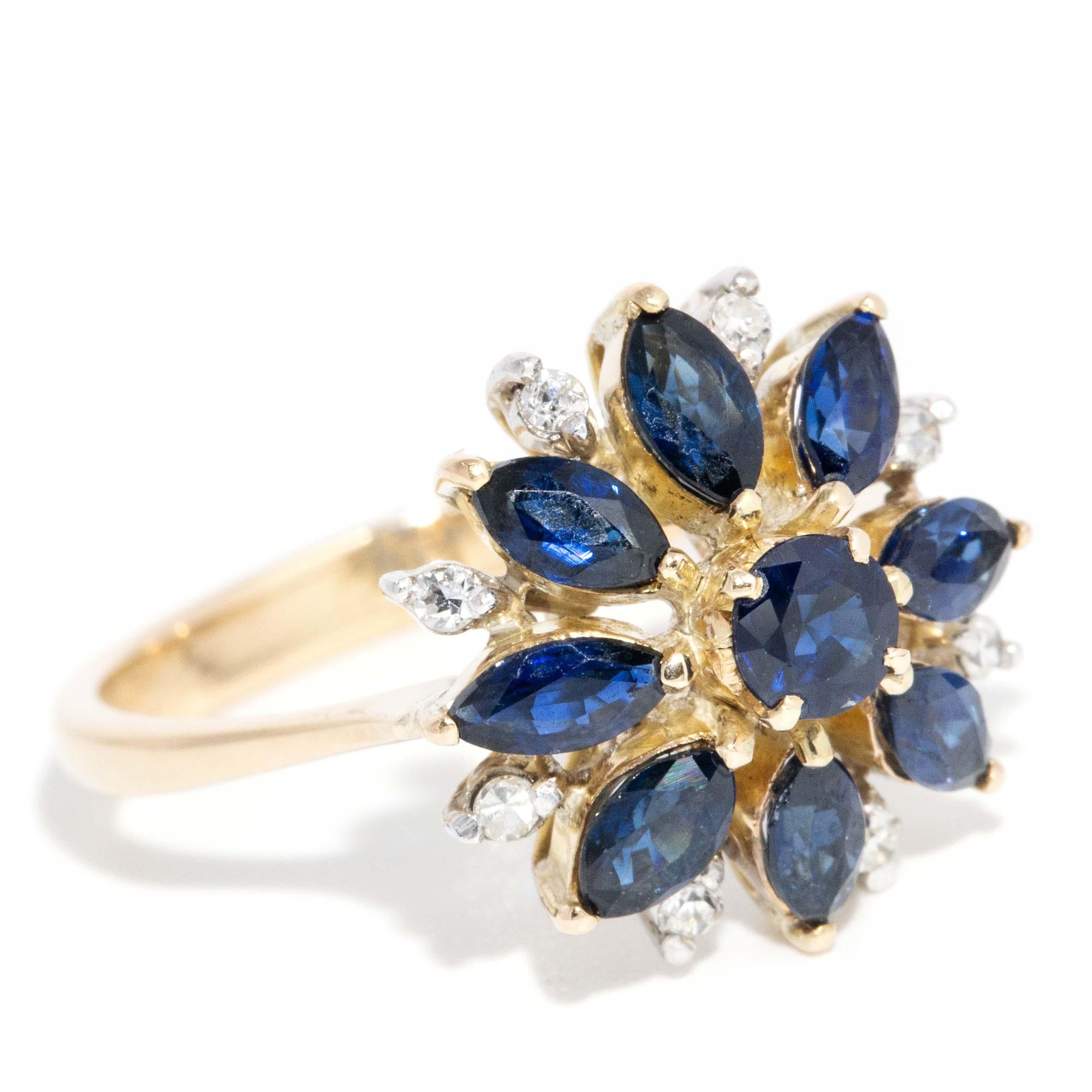 Vintage Circa 1990s Diamond Sapphire Cluster Ring14ct Yellow Gold