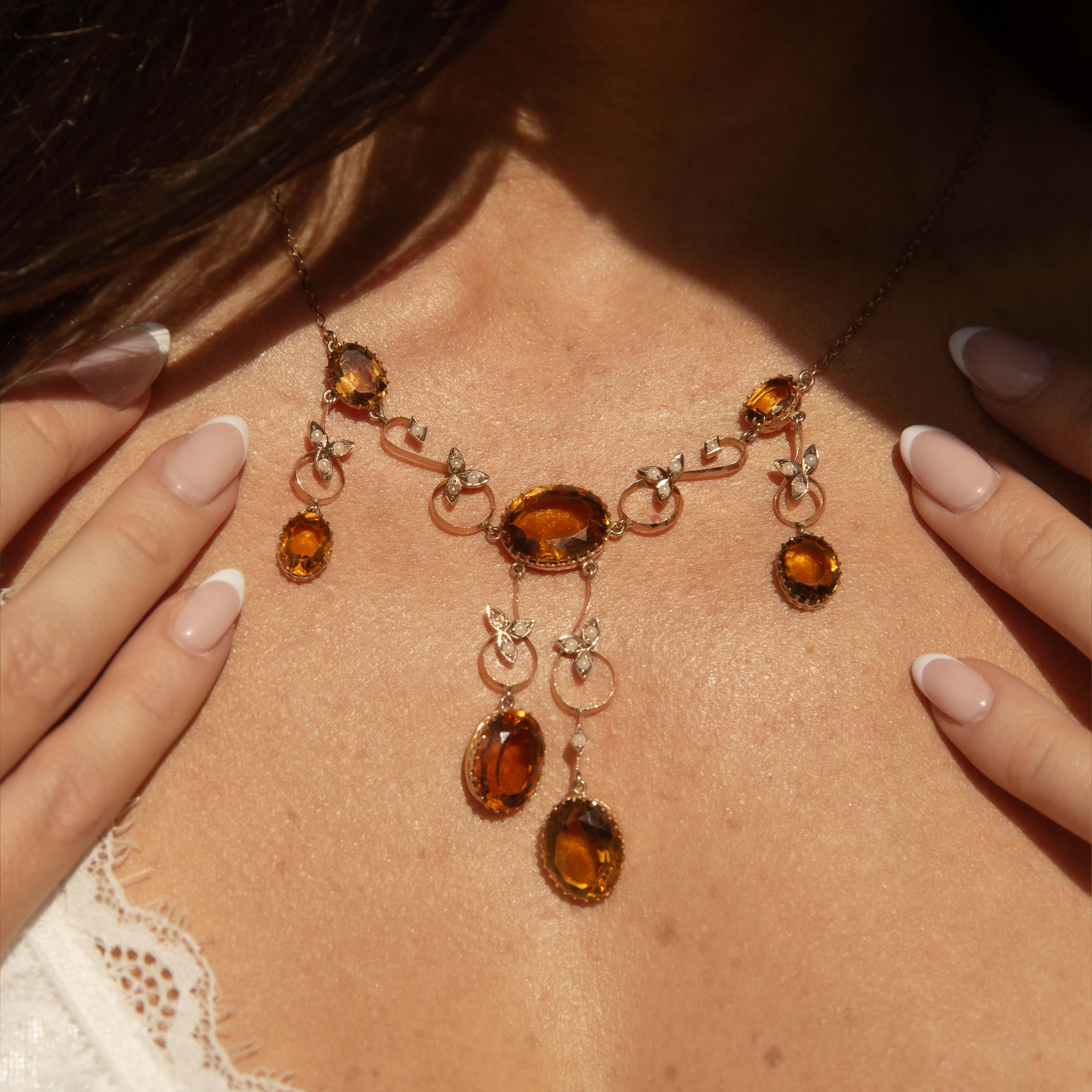 Caitlin Antique Citrine & Seed Pearl Necklace 9ct Rose Gold Pendants/Necklaces Imperial Jewellery 