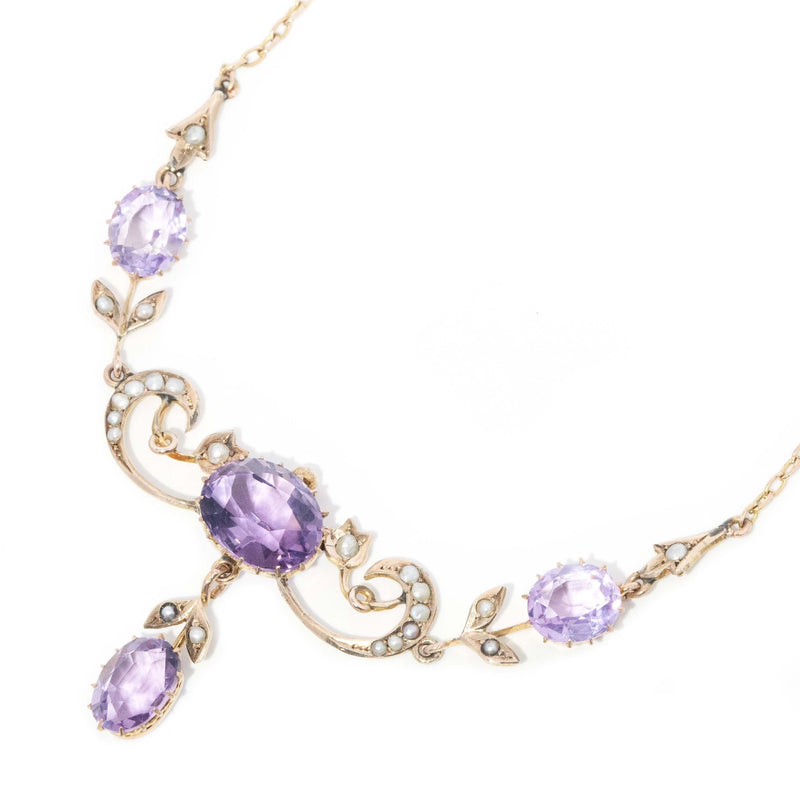 Antique 1910s Amethyst & Seed Pearl Necklet 9 Carat Gold