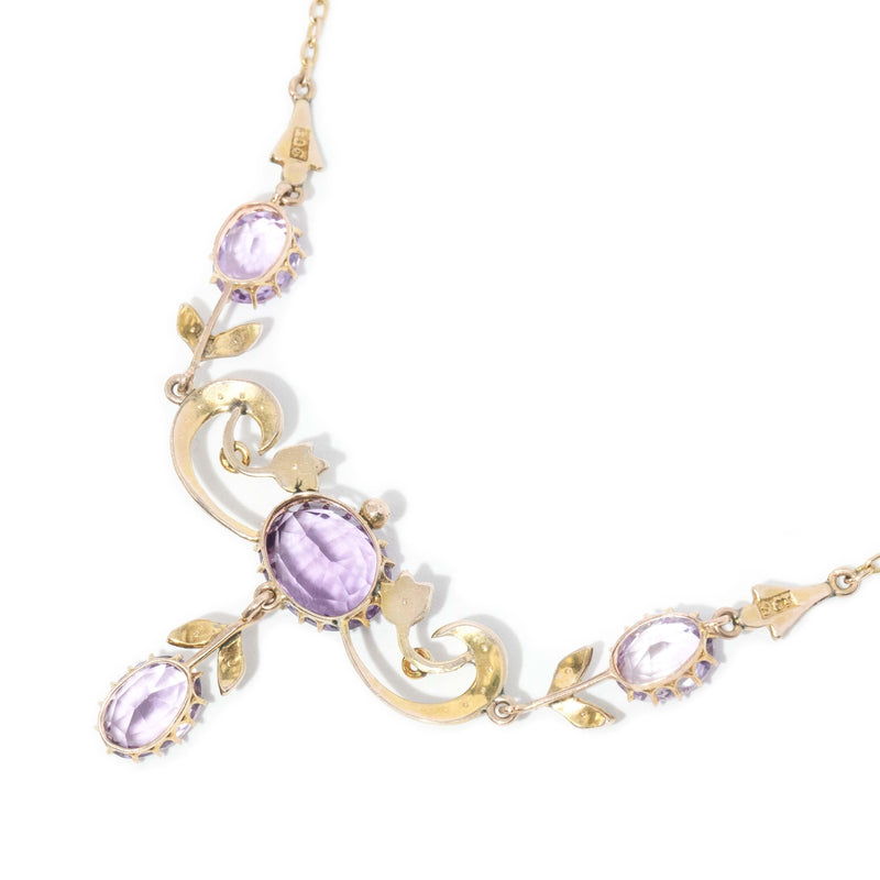 Antique 1910s Amethyst & Seed Pearl Necklet 9 Carat Gold