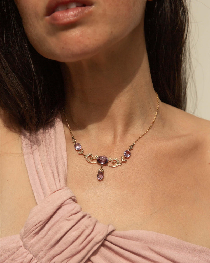 Antique 1910s Amethyst & Seed Pearl Necklet 9 Carat Gold