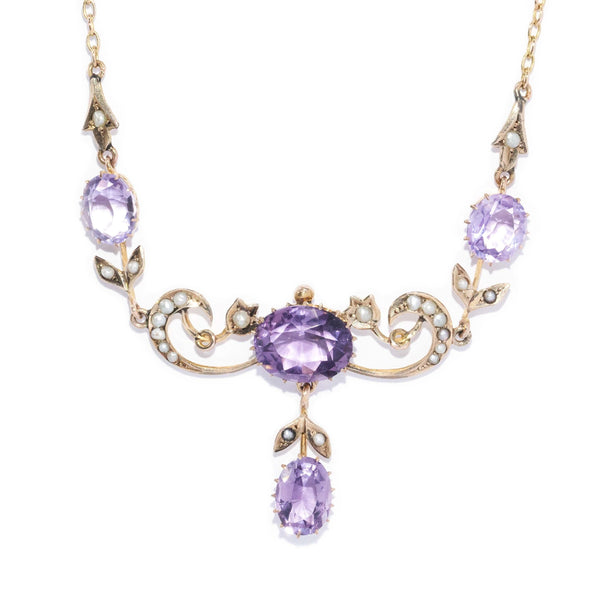 Antique 1910s Amethyst & Seed Pearl Necklet 9 Carat Gold