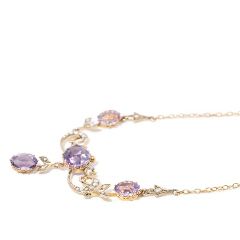 Antique 1910s Amethyst & Seed Pearl Necklet 9 Carat Gold