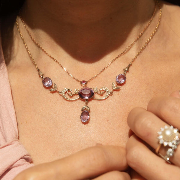 Antique 1910s Amethyst & Seed Pearl Necklet 9 Carat Gold