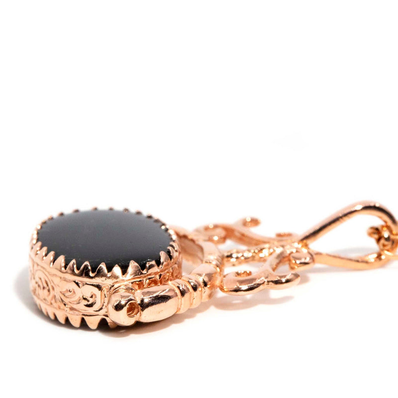 Callie 1980s Carnelian & Onyx Spinner & Chain 9ct Rose Gold Pendants/Necklaces Imperial Jewellery 