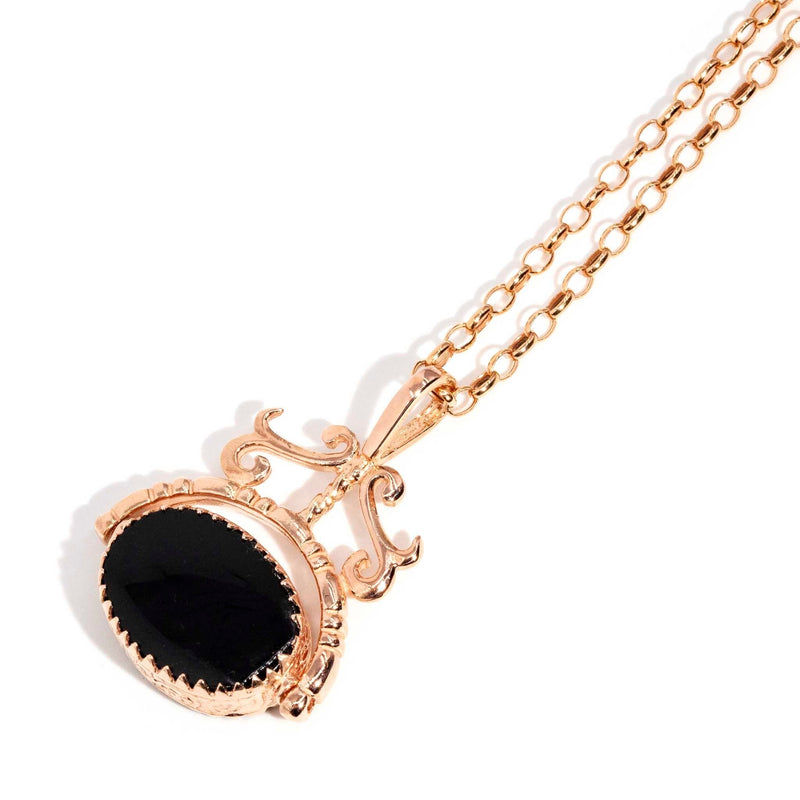 Callie 1980s Carnelian & Onyx Spinner & Chain 9ct Rose Gold Pendants/Necklaces Imperial Jewellery 