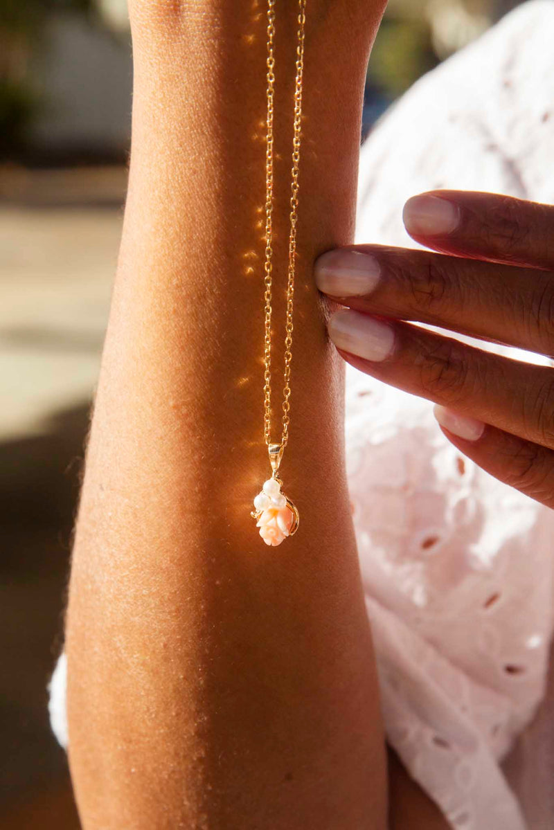 Carina 1950s Coral Rose & Pearl Pendant & Chain 18ct Gold Pendants/Necklaces Imperial Jewellery 