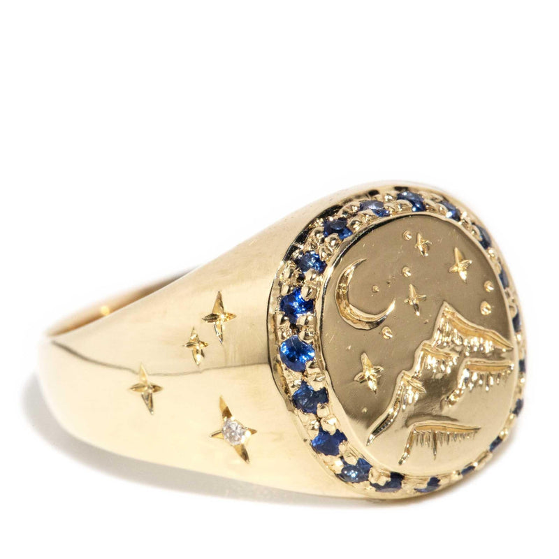 Cassius 1980s Sapphire & Diamond Signet Ring 9ct Gold